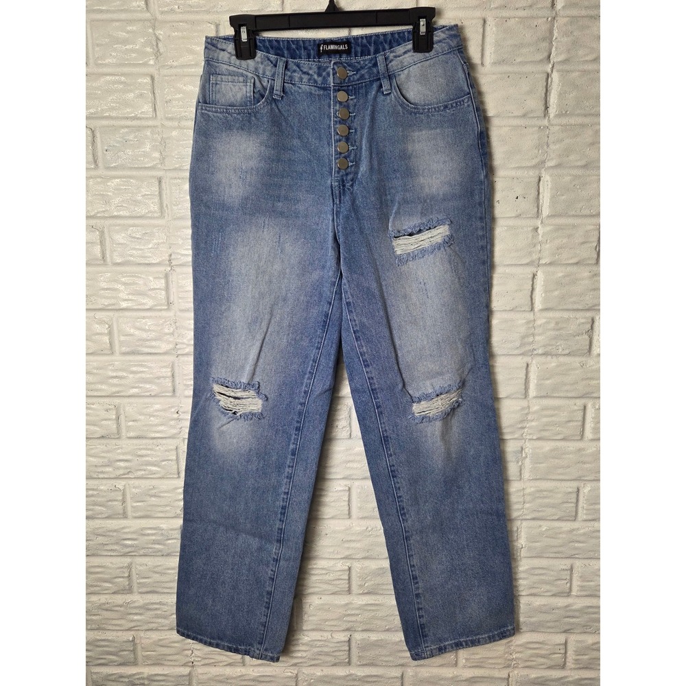 FLAMINGALS Button Fly Jeans Womens Medium Ripped High Rise Straight Urban Causal